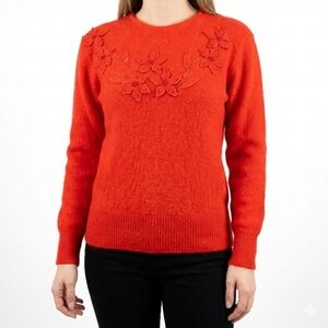 Vintage 80s Angora Blend Sweater - Women's Size M - Red Floral 3D Applique Cozy